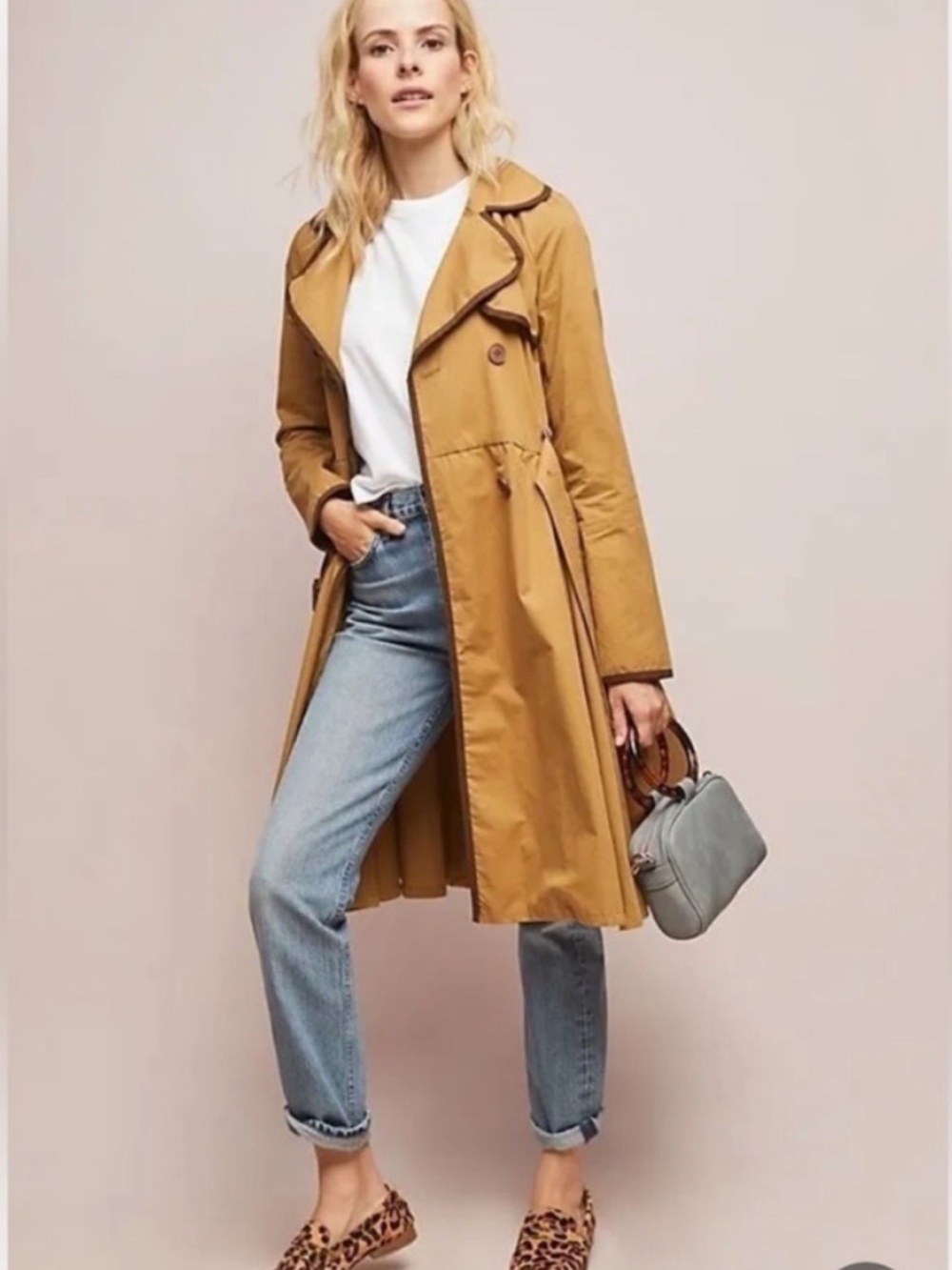 ETT:TWA Anthropologie Marley Trench Coat Tan Double Breasted Belted Swing 2 - Picture 3 of 14